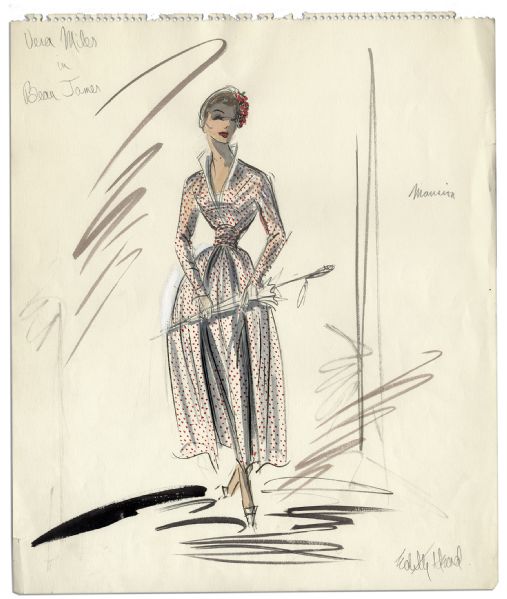 Edith Head Signed 14'' x 17'' Costume Sketch of Vera Miles For ''Beau James'' in 1957