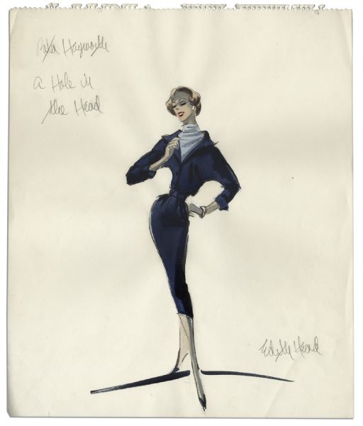 Edith Head Signed 14'' x 17'' Costume Sketch of Rita Hayworth For ''A Hole in the Head'' Before She Was Recast -- Same Costume Was Used For Eleanor Parker