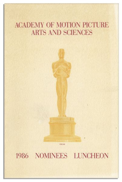 Lot of 6 Academy Awards Items From The 1987 Ceremony -- The All-Important Envelope and Card Bearing The Announcement of an Award Winner, a Program & Materials Related to the Governors Ball
