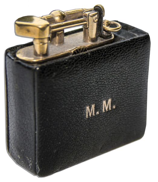 Marilyn Monroe Personally Owned 18k Gold Dunhill Lighter & Timepiece -- In Black Leather Case With Her Monogram