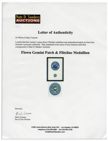 Space-Flown Fliteline Medallion and Applique From the Gemini Mission -- From the Estate of Gus Grissom & With a COA From His Son
