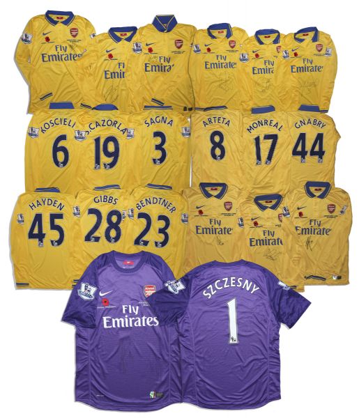 Arsenal Match-Worn Lot of Ten 2013 Jerseys, Each Jersey Signed by Its Player -- Arteta, Bendtner, Cazorla, Gibbs, Gnabry, Hayden, Koscieiny, Monreal, Sagna & Szczesny
