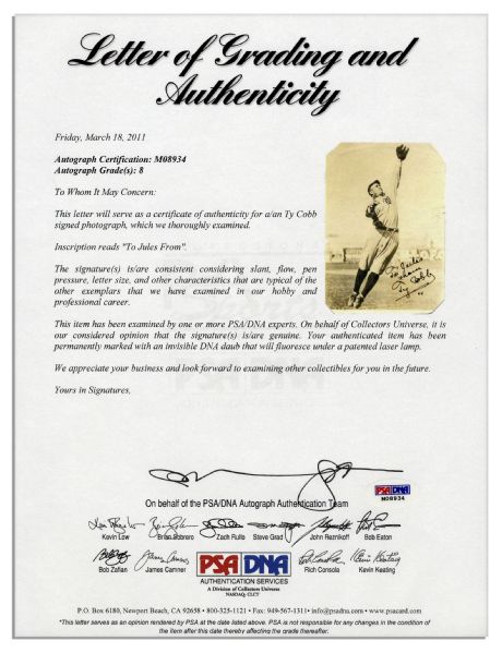 Excellent Ty Cobb Signed Photo of a Fielding Action Shot in Uniform -- With PSA/DNA COA