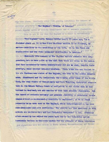Original Copy of Senator John F. Kennedy's Speech, ''New England - Problem or Promise?''
