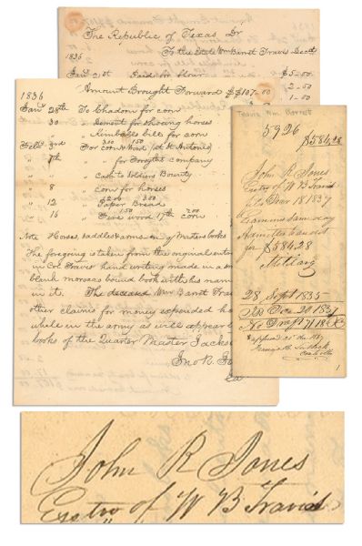 Bill Hickok Autograph James Bowie Autograph William Barret Travis autograph Outstanding Texas Artifact -- the Original Receipt for Alamo Expenses Incurred by William Barret Travis to Equip the Alamo Soldiers -- Includes Purchase of ''Flag 5.00''