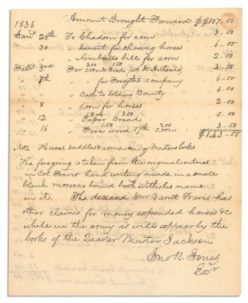 Outstanding Texas Artifact -- the Original Receipt for Alamo Expenses Incurred by William Barret Travis to Equip the Alamo Soldiers -- Includes Purchase of ''Flag 5.00''