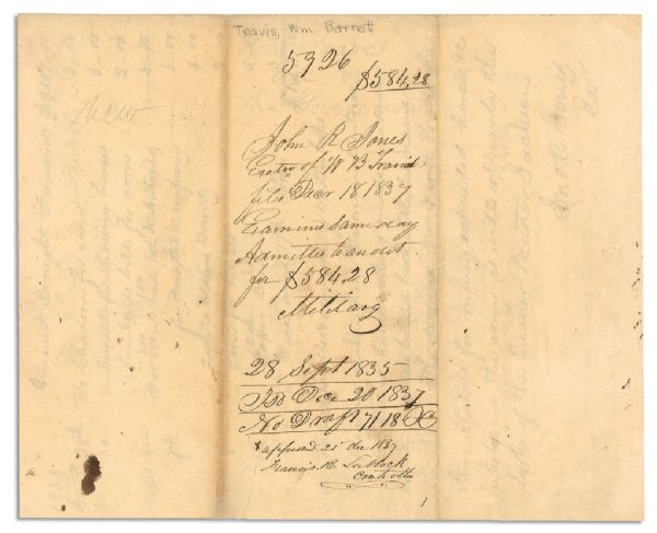 Outstanding Texas Artifact -- the Original Receipt for Alamo Expenses Incurred by William Barret Travis to Equip the Alamo Soldiers -- Includes Purchase of ''Flag 5.00''