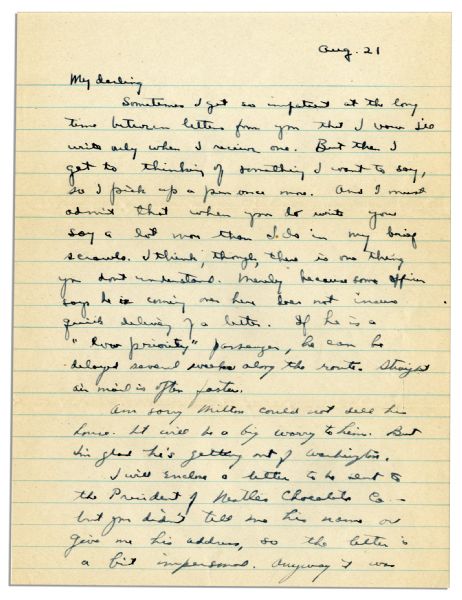 General Dwight Eisenhower WWII Autograph Letter Signed to His Wife, Mamie -- ''...if there were no problems -- and no argument -- wars would be easy to conduct...''