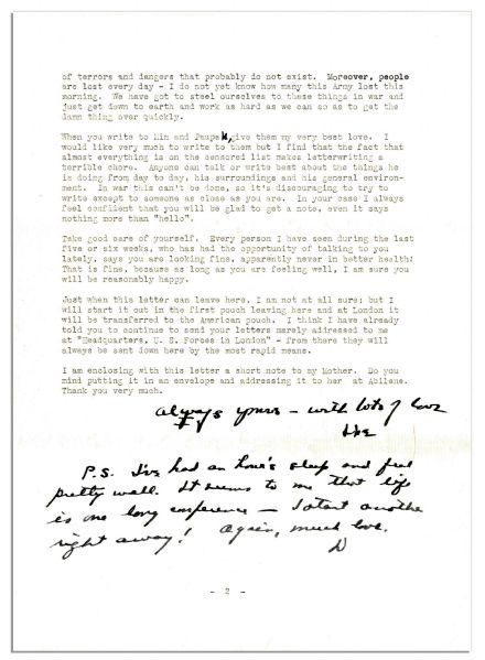 Eisenhower WWII Letter Signed -- ''...Moreover, people are lost every day - I do not yet know how many this Army lost this morning. We have got to steel ourselves to these things in war...''