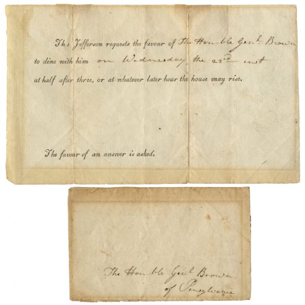 Thomas Jefferson Official Dinner Invitation -- To Revolutionary War General & Congressman Robert Brown