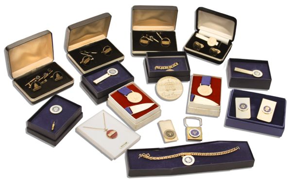 Large 17-Piece Lot of Ronald Reagan Presidential Accessories -- Cufflinks, Tie Pins, Money Clips, etc. -- All With Presidential Motif -- Includes a Gold Filled Pendant & 12k Gold Money Clip