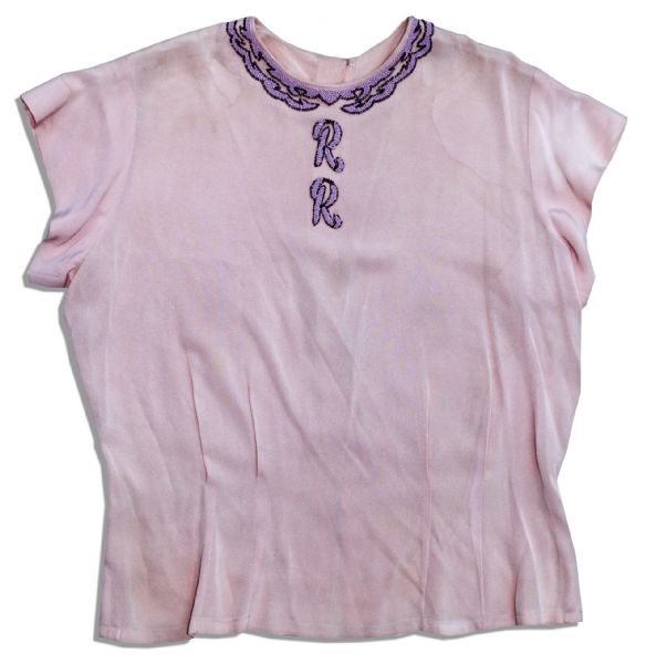 Rosalind Russell Custom Pink Blouse With Monogrammed Beaded Neckline