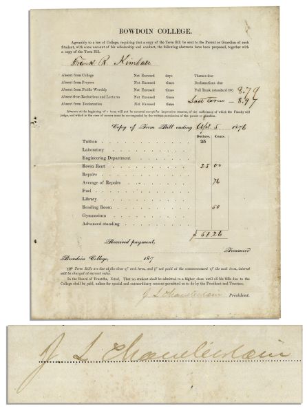Gettysburg Hero Joshua Chamberlain Signed Bowdoin College Document -- Chamberlain Signs as The School's President