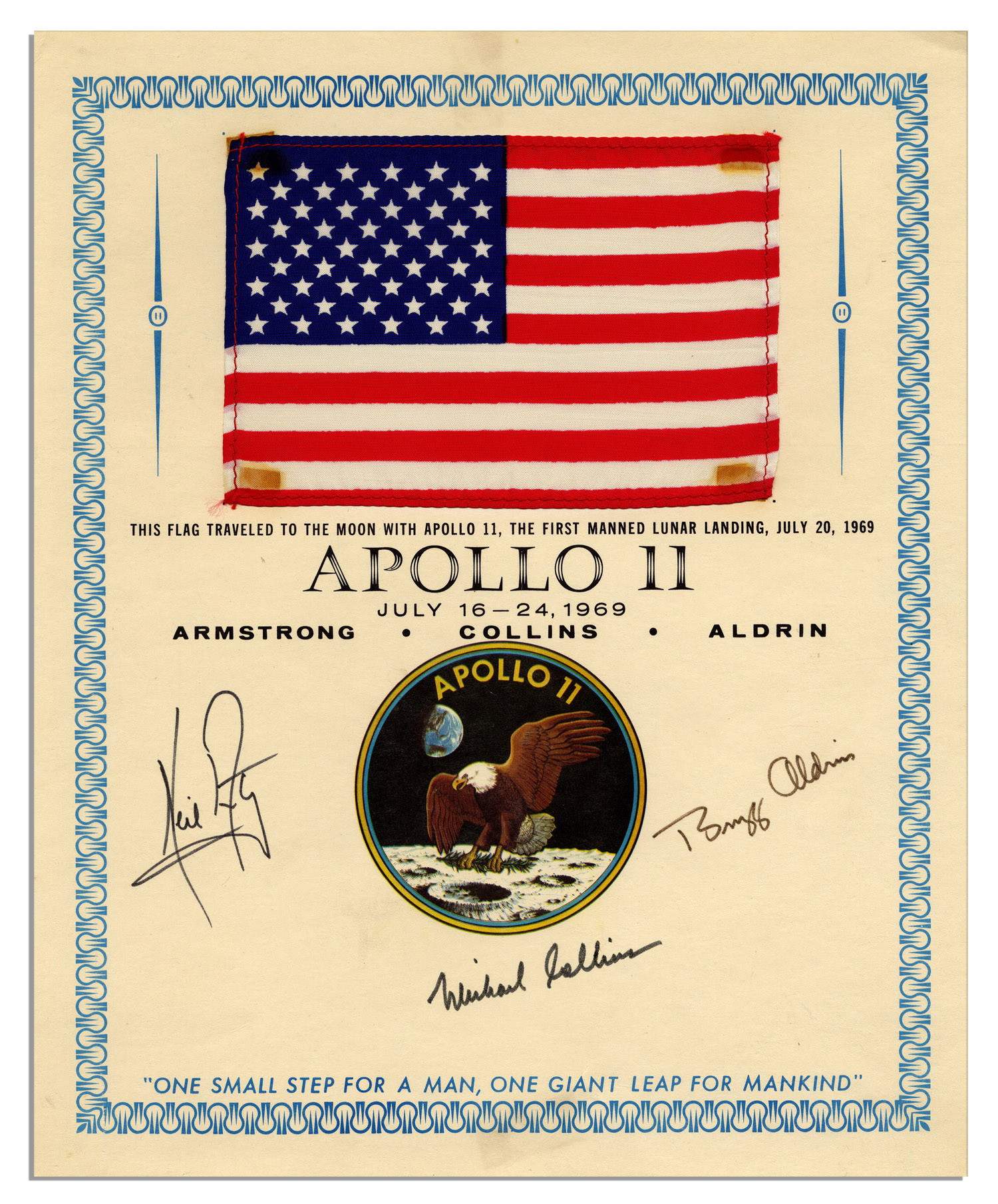 Science Autographs Apollo 11 Flag Flown to the Moon Exceptionally Scarce Apollo 11 Flag Flown to the Moon -- Signed by Armstrong, Aldrin & Collins