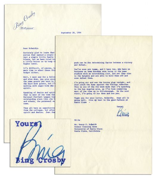 Bing Crosby Typed Letter Signed From 1964 About His Sitcom -- ''... the television series...a simple little family thing...It's difficult...you don't have much time to shoot these things...''