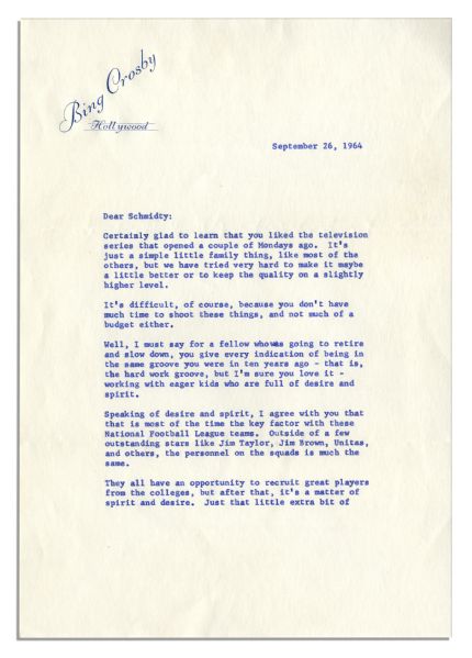 Bing Crosby Typed Letter Signed From 1964 About His Sitcom -- ''... the television series...a simple little family thing...It's difficult...you don't have much time to shoot these things...''
