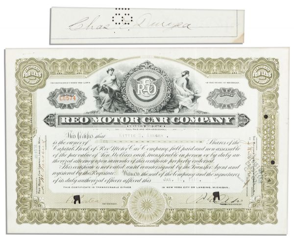 Automotive Pioneer Ransom E. Olds Signed Stock Certificate & Charles Duryea's Signature