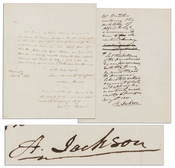 Andrew Jackson Autograph Endorsement Signed as President -- Granting Executive Clemency