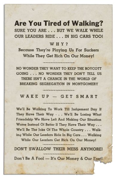 Rare Flyer Issued by the Black Opposition to The Montgomery Bus Boycott -- ''...Are you tired of walking? Sure you are. But we walk while our leaders ride. In big cars too. Why?...''