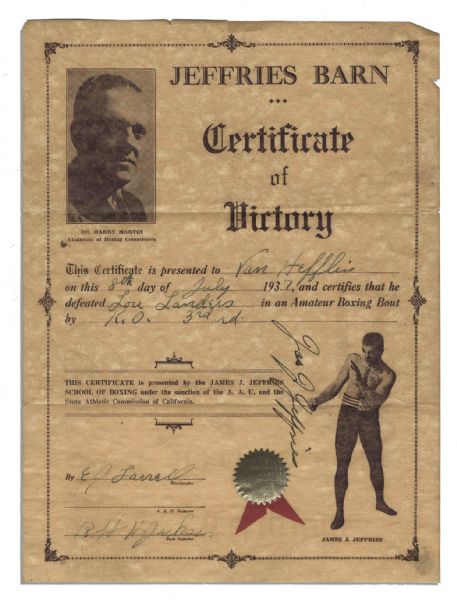 James Jeffries Signed Boxing Document -- Jeffries Here Signs Van Heflin's Certificate of Victory From an Amateur Boxing Bout in 1937