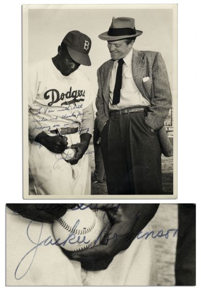 Jackie Robinson Signed Photo -- 8'' x 10'' Photo of Robinson & Van Heflin, Dedicated in Robinson's Hand to the Actor