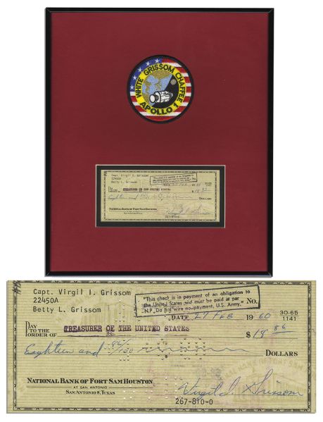 Gus Grissom Check Signed & Apollo 1 Embroidered Patch -- Directly From His Estate