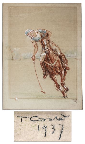 One-of-a-Kind Oil Pastel Portrait of Darryl F. Zanuck on a Polo Pony -- From His Personal Collection & With a COA from the Zanuck Estate