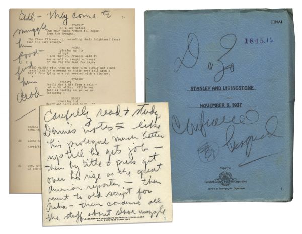 Darryl F. Zanuck Signed & Personally Owned Script From Stanley and Livingstone -- With Two Pages of Handwritten Notes in Zanuck's Hand
