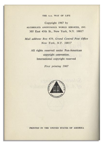 Alcoholics Anonymous Co-Founder Bill Wilson Signed First Printing of ''The A.A. Way of Life''