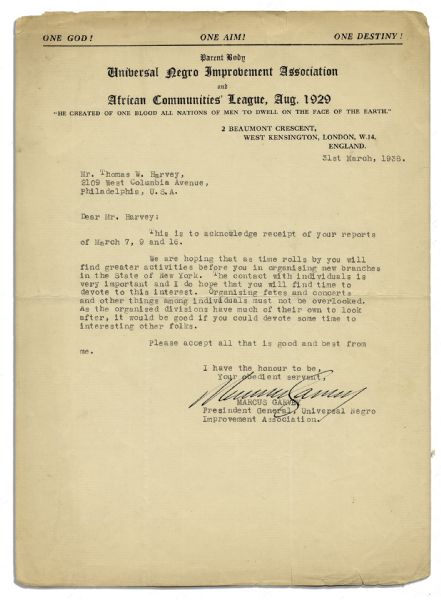 Marcus Garvey Typed Letter Signed on Universal Negro Improvement Association Letterhead as Its President -- …it would be good if you could devote some time to interesting other folks…