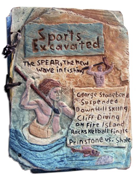Custom-Made Prop From The Flintstones Movie -- Pair of Faux Stone Tablets Titled, Sports Excavated -- 11 x 15