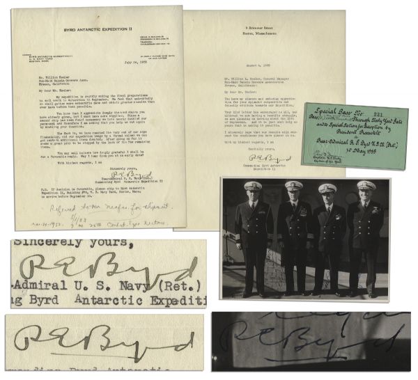 Antarctic Explorer Richard E. Byrd Lot -- With Signed Photo, Ticket to Presidential Reception in His Honor & 2 Expedition Content Typed Letters Signed -- ''...I must have more supplies...''