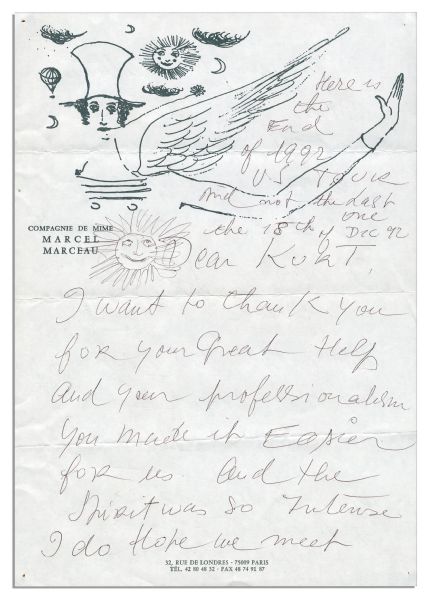 Marcel Marceau Autograph Letter Signed on His Personal Stationery Gifting a Hat to a Friend for Christmas -- With His Drawing of the Hat & the Actual Gifted Hat Included in the Lot