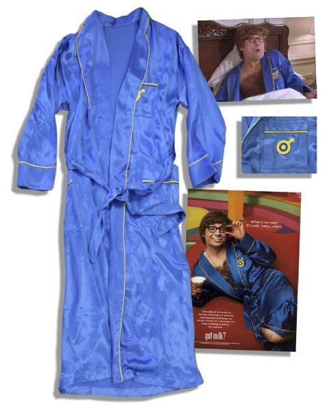 Blue Satin Robe Worn Onscreen by Mike Myers as ''Austin Powers'' in the Last Scene of the First Film ''International Man of Mystery'' and in the First Scene of Sequel, ''The Spy Who Shagged Me''