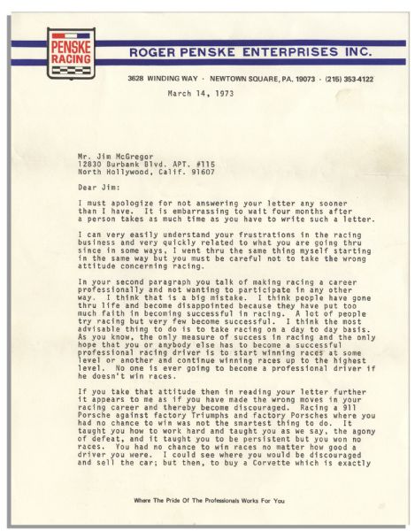 Indianapolis 500 Winner Mark Donahue 1973 Typed Letter Signed -- ''...No one is ever going to become a professional driver if he doesn't win races...''