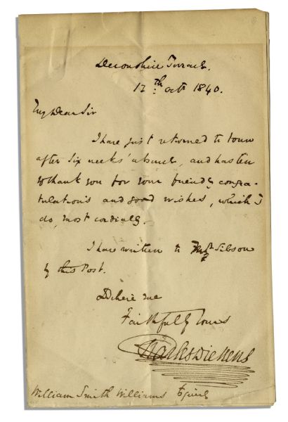 Charles Dickens First Edition Charles Dickens Autograph Letter Signed -- ''...I have just returned to town after six weeks absent...'' -- 1840 While Working on ''Christmas Story''