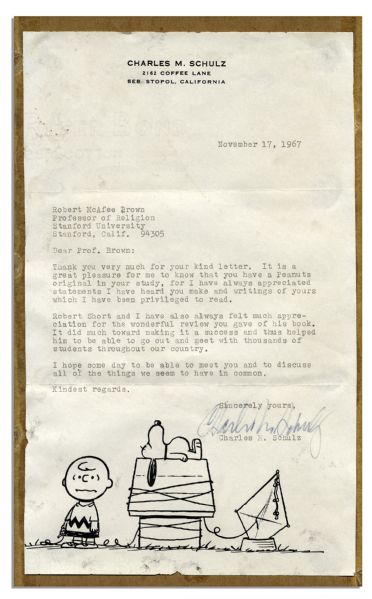 Schulz ''Peanuts'' Strip From 1967 -- Charlie Brown & Linus Wait for Their Test Scores -- Accompanied by a Schulz Typed Letter Signed