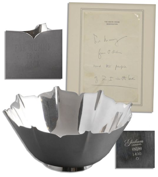 John F. Kennedy Sterling Silver Bowl Gifted & Engraved by Him to Jackie's Mother -- With Autograph Note Signed as President on White House Stationery Regarding Gifting This Bowl