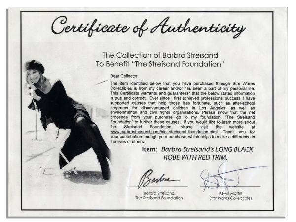 Barbra Streisand Owned Black Robe With Burgundy Velour Trim