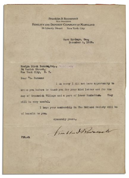 Franklin D. Roosevelt Typed Letter Signed -- ''...thank you for your kind letter and for the map of Greenwich Village and a part of Lower Manhattan...''