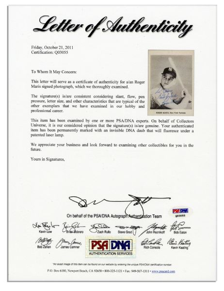 Roger Maris Signed Photo -- With PSA/DNA COA