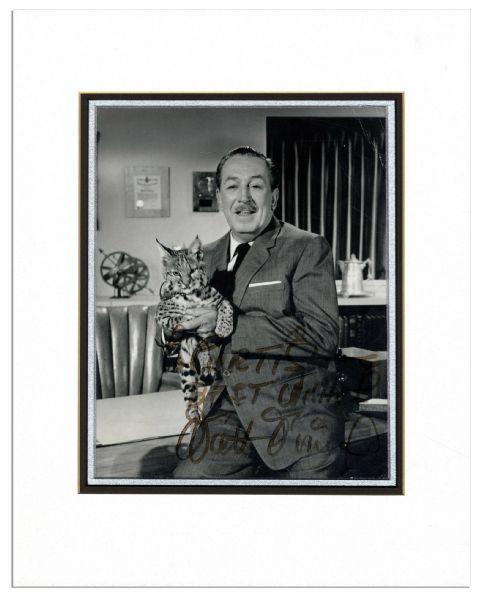Unique Walt Disney 7.25'' x 9'' Signed Photo Where He Holds a Baby Lynx