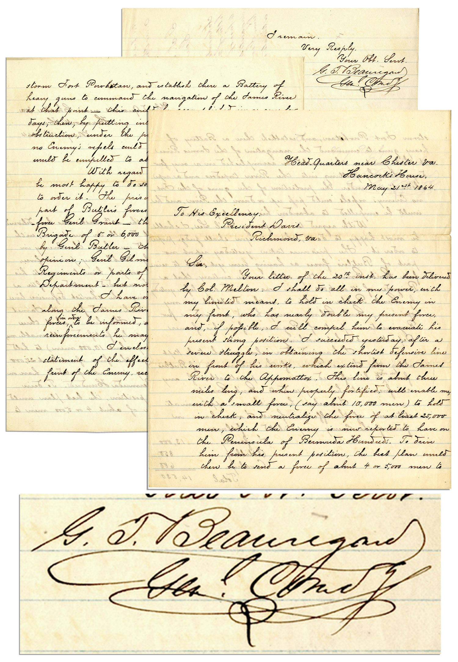 P.G.T. Beauregard Autograph General Beauregard 1864 Letter Signed to Jefferson Davis -- ''...send a force of...4 or 5,000 to storm Fort Powhatan and...command...the James River...'' -- One Day After Bermuda Hundred