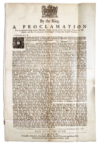 Broadside Issued by King Charles II Calling on His Subjects to Act as Bounty Hunters -- 1678