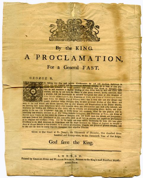 Broadside From 1779 of King George III's Proclamation for a ''Public Fast and Humiliation''