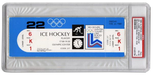 Scarce Unused Ticket From the 1980 US vs. USSR Olympic Hockey Game -- Named Top Sports Moment of the 20th Century -- PSA Graded