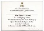 Queen Elizabeth The Queen Mothers 100th Birthday Thanksgiving Service Invitation