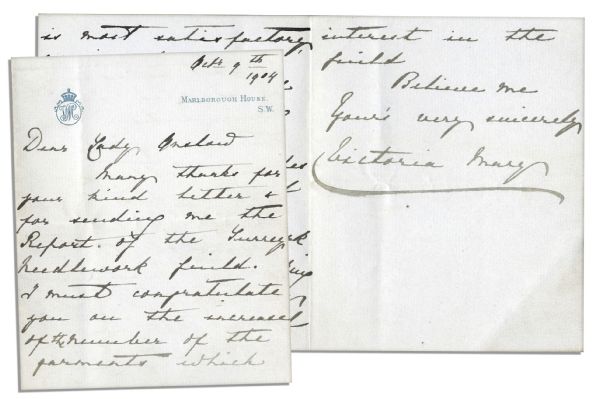 Queen Mary of Teck Autograph Leter Signed -- ''...Many thanks for your kind letter & for sending me the Report of the Surrey Needlework Guild...'' -- on Marlborough House Stationery