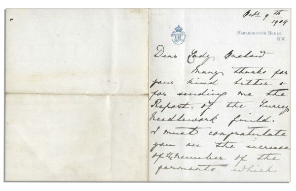 Queen Mary of Teck Autograph Leter Signed -- ''...Many thanks for your kind letter & for sending me the Report of the Surrey Needlework Guild...'' -- on Marlborough House Stationery