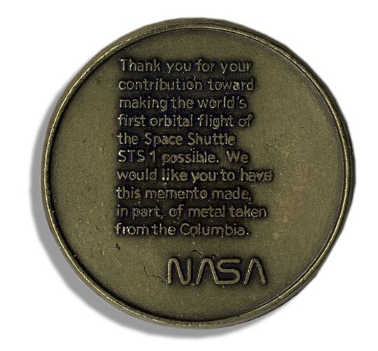 NASA Achievement Medal & Certificate for the Columbia STS-1 Mission -- Medallion Made of Metal Taken From the Shuttle Itself